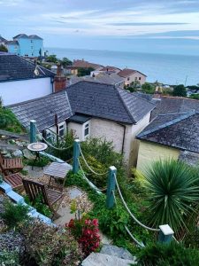 View over Ventnor rooftops to the sea from the top of the garden